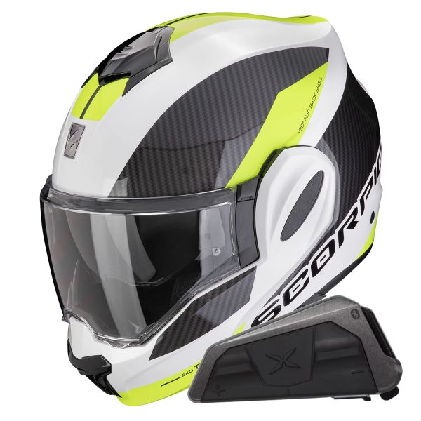 Modulare Apribile Scorpion Exo Tech Evo Team White Yellow Fluo + Kit bluetooth Exo-Com Link-1