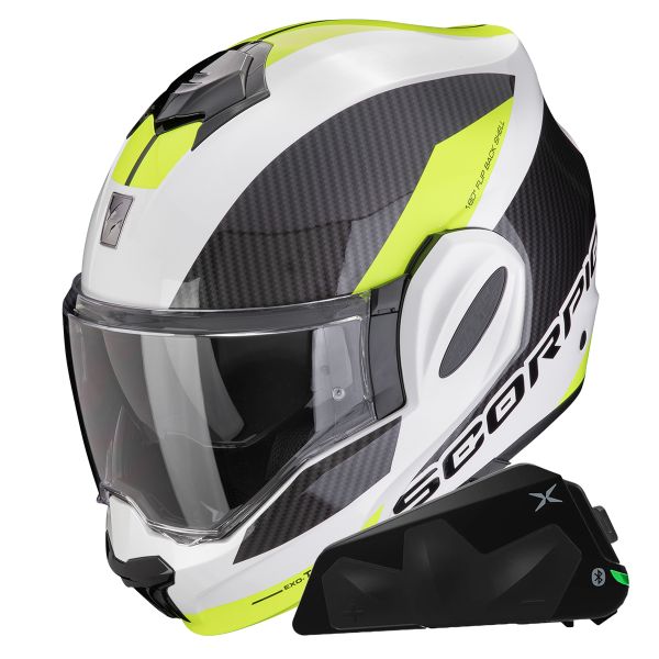 Modulare Apribile Scorpion Exo Tech Evo Team White Yellow Fluo + Kit bluetooth Exo-Com Link-1C
