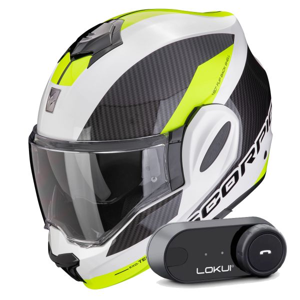 Modulare Apribile Scorpion Exo Tech Evo Team White Yellow Fluo + Kit Bluetooth Lokui K30