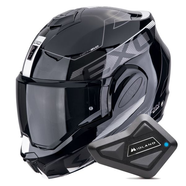 Modulare Apribile Scorpion Exo Tech Evo Traveller Black White + Kit Bluetooth BT Mini