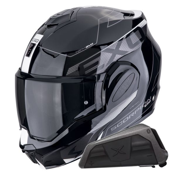 Modulare Apribile Scorpion Exo Tech Evo Traveller Black White + Kit bluetooth Exo-Com Link-1