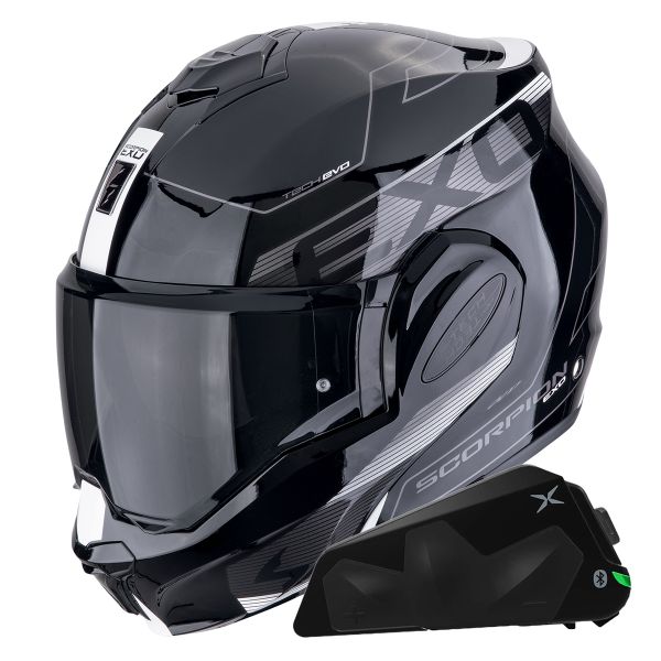 Modulare Apribile Scorpion Exo Tech Evo Traveller Black White + Kit bluetooth Exo-Com Link-1C