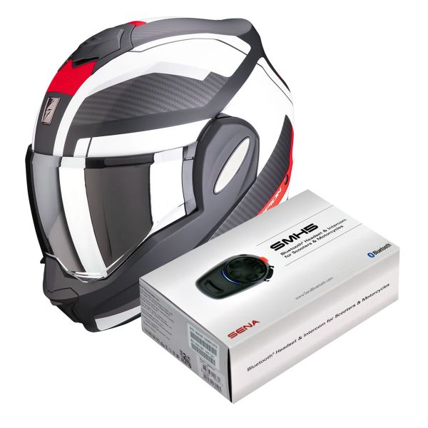 Modulare Apribile Scorpion Exo Tech Trap Matt Black Red White + Kit Bluetooth Sena SMH5