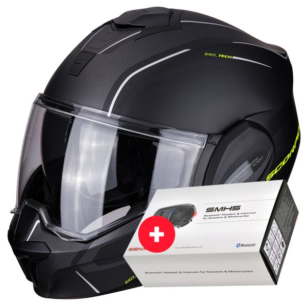 Modulare Apribile Scorpion Exo Tech Time-Off Nero Opaco Giallo Fluo + Kit Bluetooth Sena SMH5