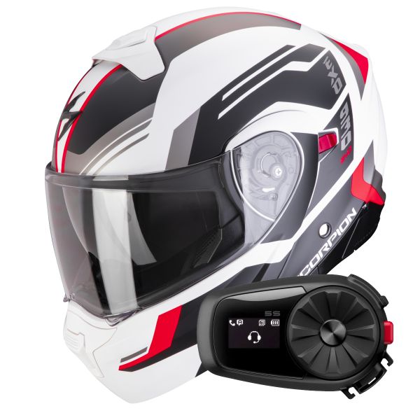 Modulare Crossover Scorpion Exo 930 Evo Sikon Matt White Black Red + Kit Bluetooth 5S Solo
