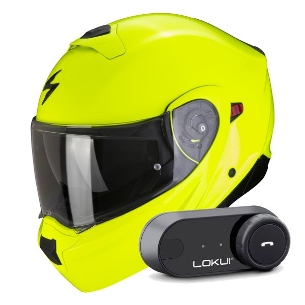 Modulare Crossover Scorpion Exo 930 Evo Solid Neon Yellow + Kit Bluetooth Lokui K30 Modulare Crossover Scorpion Exo 930 Evo Solid Neon Yellow + Kit Bluetooth Lokui K30