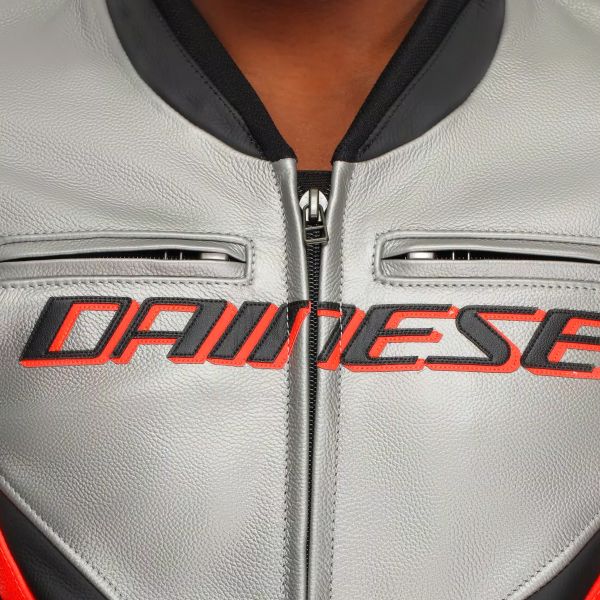 Dainese Corsa 5 Pelle Argento Nero Rosso Fluo