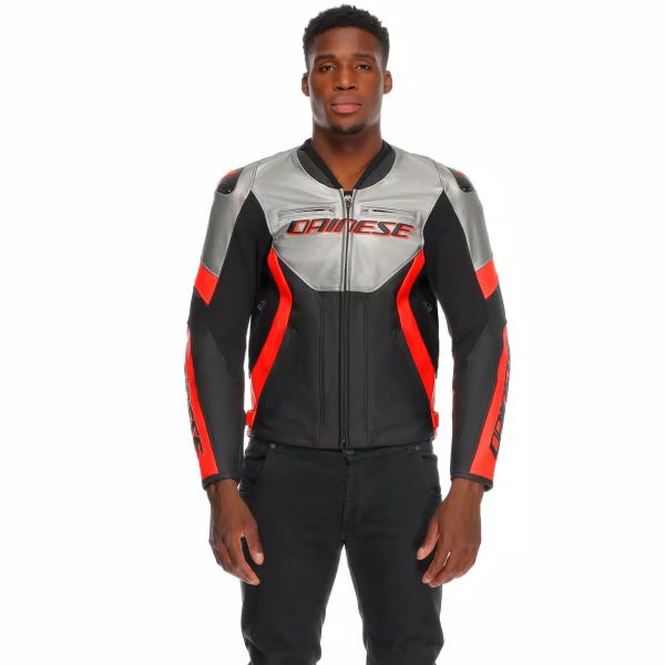 Dainese Corsa 5 Pelle Argento Nero Rosso Fluo