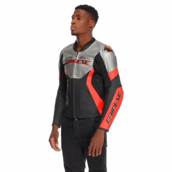 Dainese Corsa 5 Pelle Argento Nero Rosso Fluo