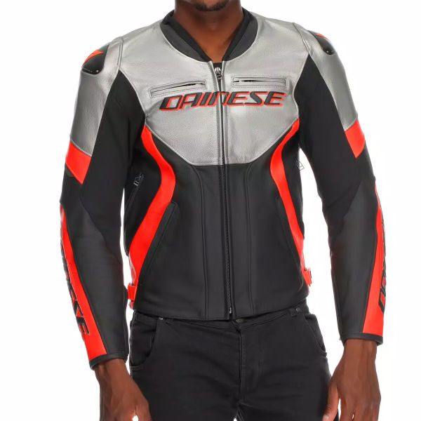 Dainese Corsa 5 Pelle Argento Nero Rosso Fluo