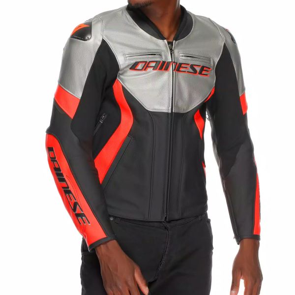 Dainese Corsa 5 Pelle Argento Nero Rosso Fluo