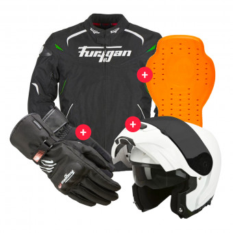 Giacche moto Furygan Narval Black White Green + EXO 3000 Air White + Keen + Back Protector D3