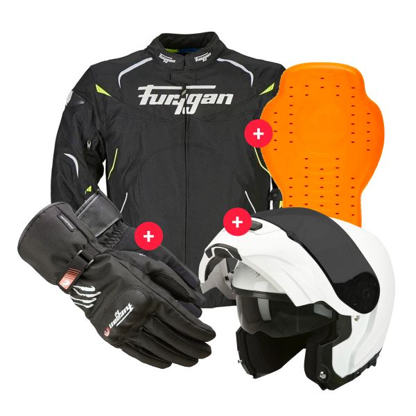 Giacche moto Furygan Narval Black White Yellow + EXO 3000 Air White + Keen + Back Protector D
