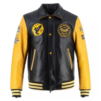 Giacche moto Von Dutch Brooklyn Leather Wash Nero Giallo Giacche moto Von Dutch Brooklyn Leather Wash Nero Giallo