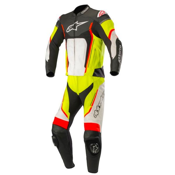 Tute Moto in pelle Alpinestars Motegi V2 2PC Black White Yellow Fluo Red