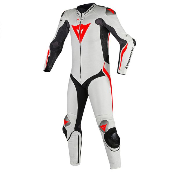 Tute Moto in pelle Dainese Tuta Mugello R D-Air Black White Fluo Red